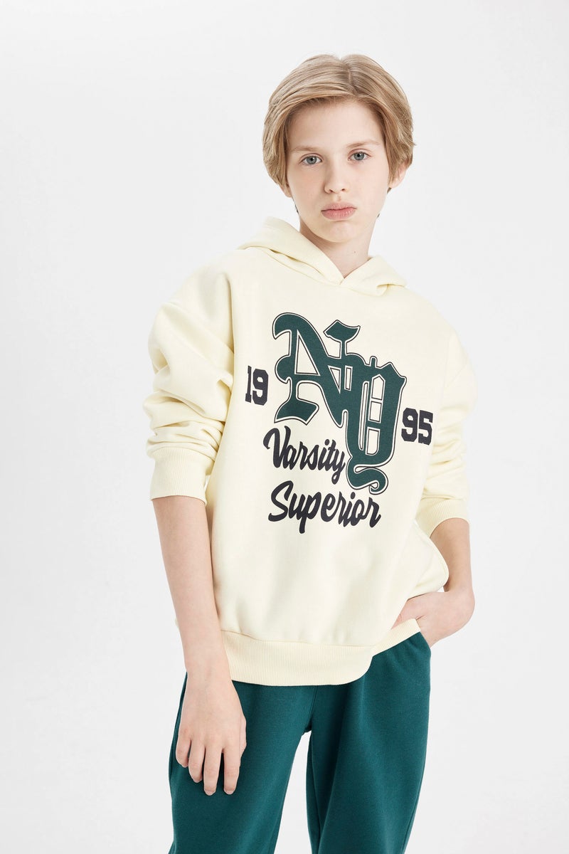 DeFacto Beige Boy Boy Oversize Printed Thick Hoodie Casual - Image 3